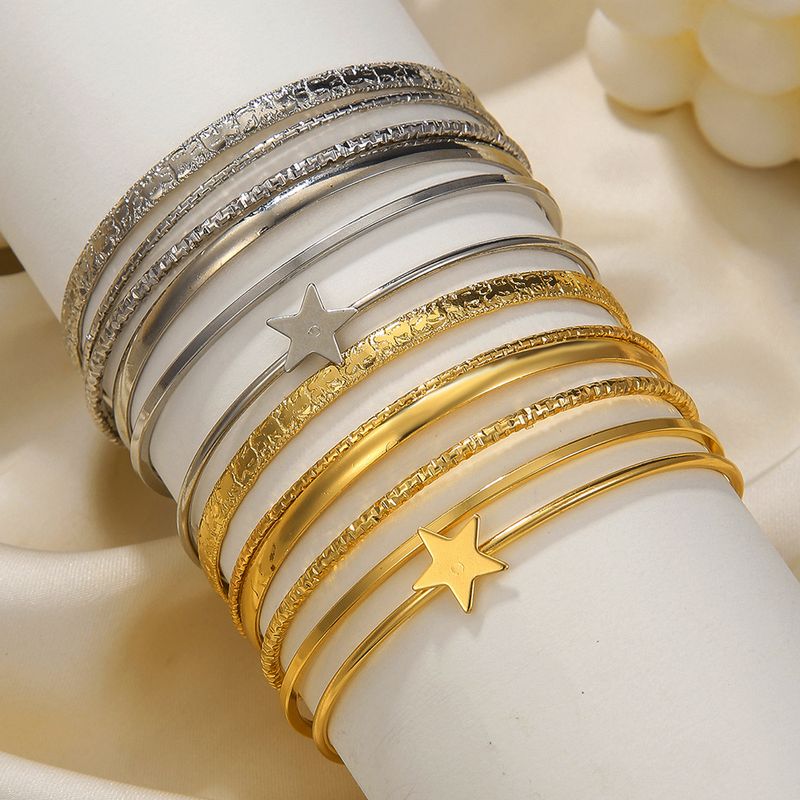 Retro Personality Exaggerated Open Five Pointed Star Bracelet Set 6 Gold Glossy Irregular Bracelet Cuff Bracelet_voghion.com