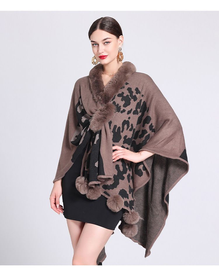 Mantella con collo di pelliccia, mantello con palla di pelliccia, mantello jacquard in maglia larga, cappotto di grandi dimensioni_voghion.com