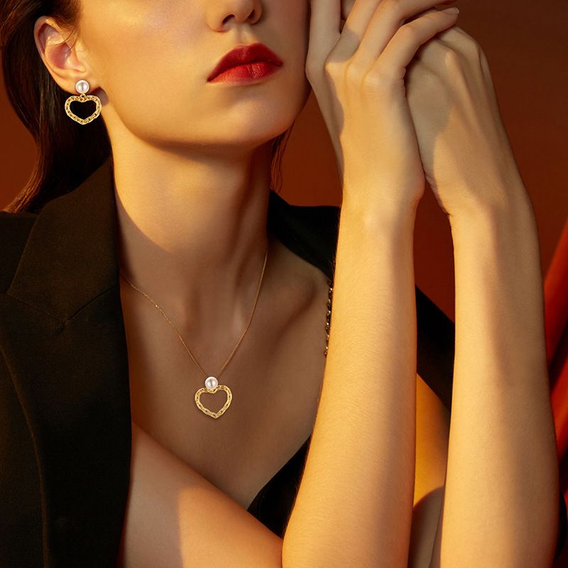 Pearl Love Necklace Pendant Earrings Ear Hooks S Sterling Sier Plated With 14K Gold Light Two Piece Jewelry For Women_voghion.com
