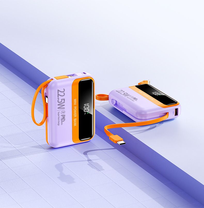 20000mAh Power Bank With Built-in Cable, 22.5W PD Fast Charging Portable Charger, Compact & High Capacity External Battery For IPhone, Android, IPad_voghion.com