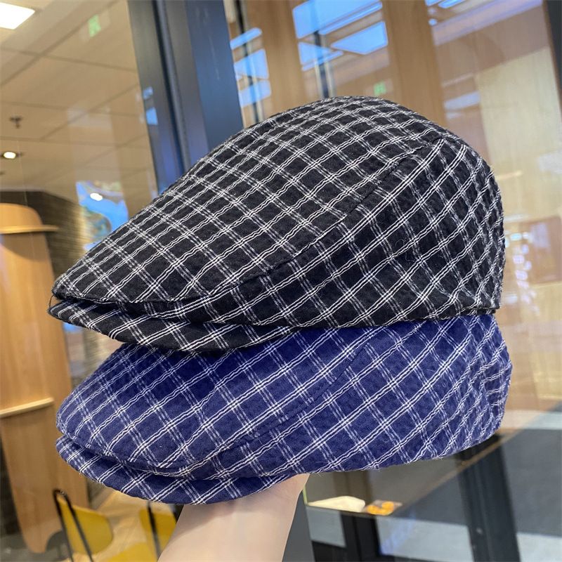Spring And Summer Street Style Artistic Reversible Painter Hat For Women Plaid Duckbill Cap Face Slimming Beret_voghion.com