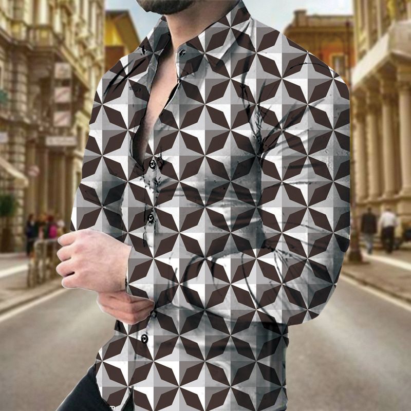 Camicie a maniche lunghe stampate con geometrie per il tempo libero, primavera e autunno 2024, di qualità imbattibile, da uomo_voghion.com
