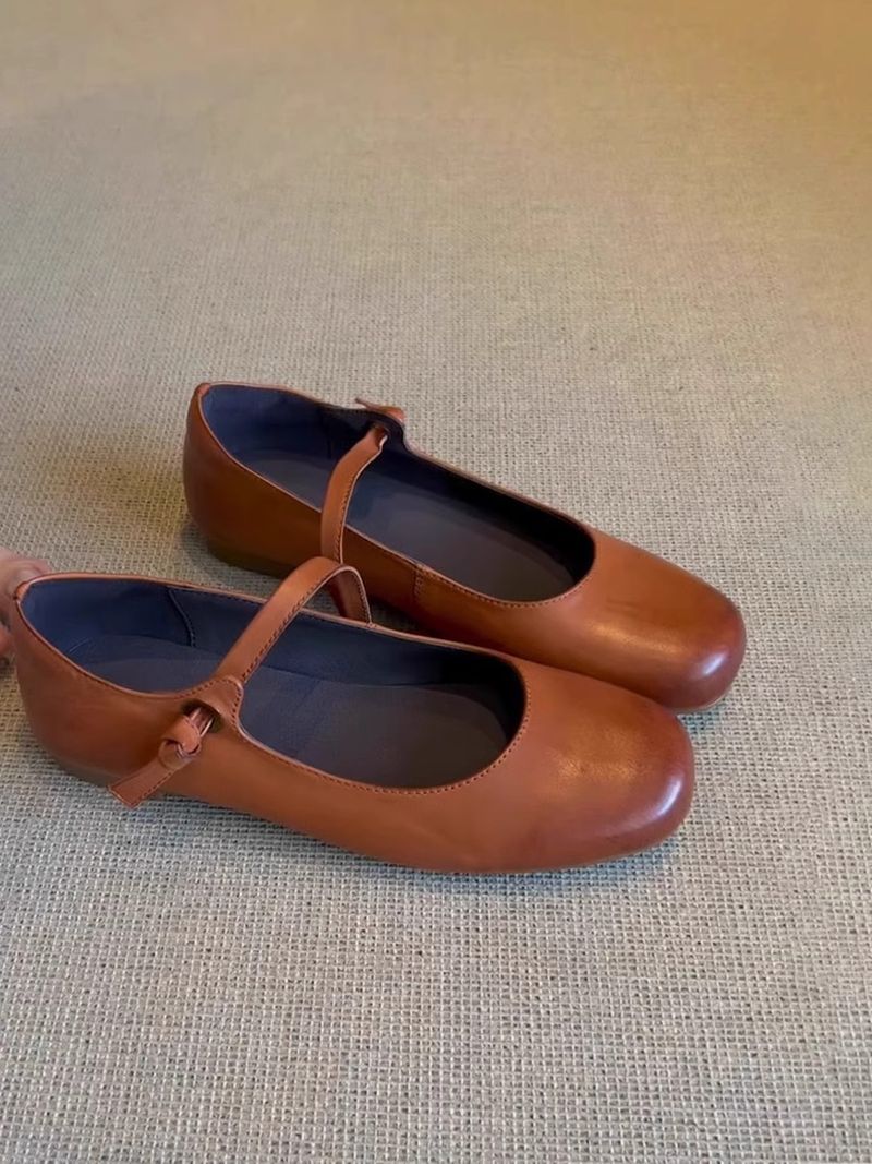 Lancui~ Brown Simple Flat Mary Jane Shoes For Women French Style One Strap Shallow Mouth Versatile Ballet Flats_voghion.com