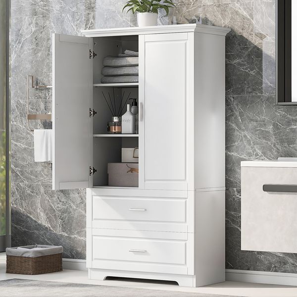 Tall Bathroom Storage Cabinet, Cabinet With Two Doors And Drawers, Adjustable Shelf, MDF Board_voghion.com