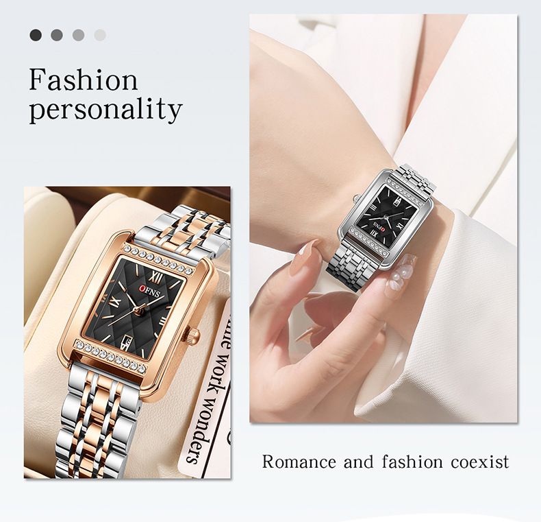 Elegante orologio quadrato da donna: numeri romani e dettagli in cristallo, cinturino in acciaio inossidabile, datario, orologio resistente all'acqua_voghion.com