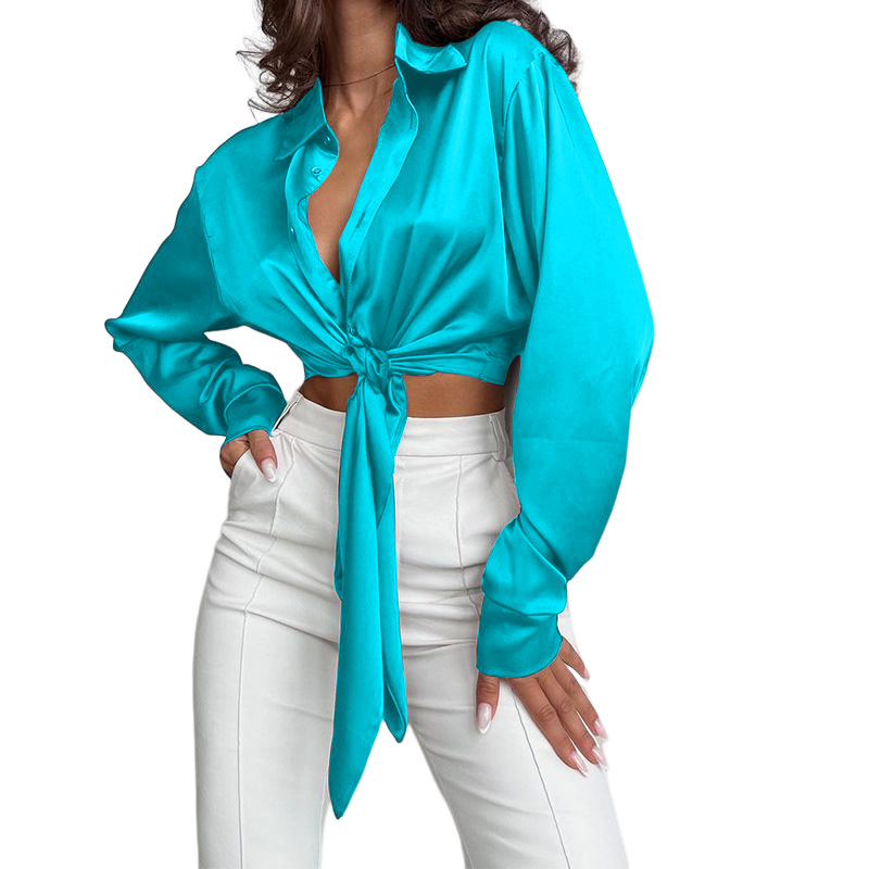 Top da donna a maniche lunghe con collo a polo in raso di seta casual dal temperamento solido_voghion.com