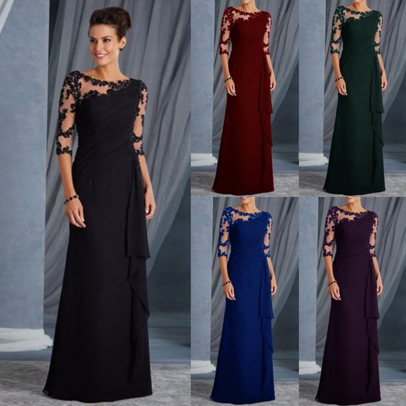 Damenbekleidung Langes Kleid aus Spitze, durchsichtig, Rundhalsausschnitt, mittellange Ärmel, Kleid, Sonderangebot, Neu_voghion.com