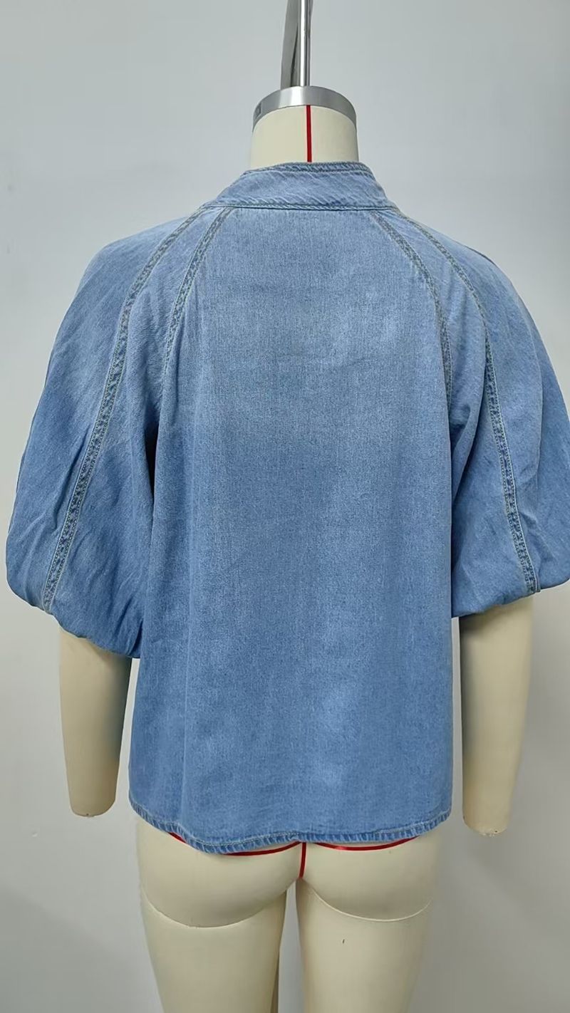 Women's Clothing Spring New Retro Loose Neckline Tie Denim Shirt Bow Tie Top Women_voghion.com