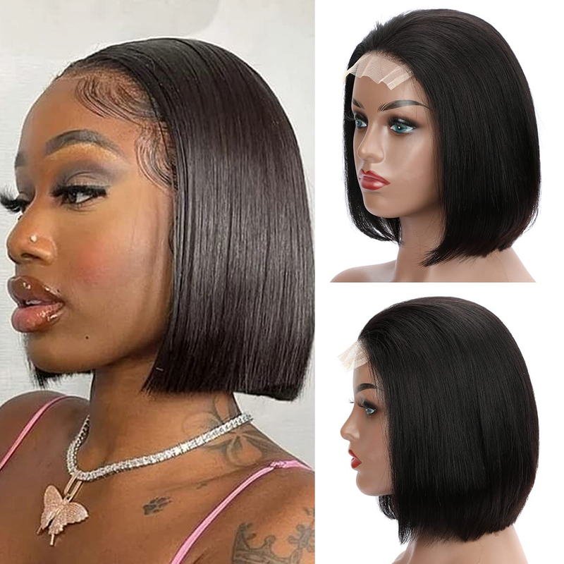 Koronkowa opaska na głowę z ludzkich włosów 4*4, 100% ludzkich włosów, gładkie i proste włosy, bez splątania, krótki bob odpowiedni do noszenia na co dzień przez kobiety_voghion.com