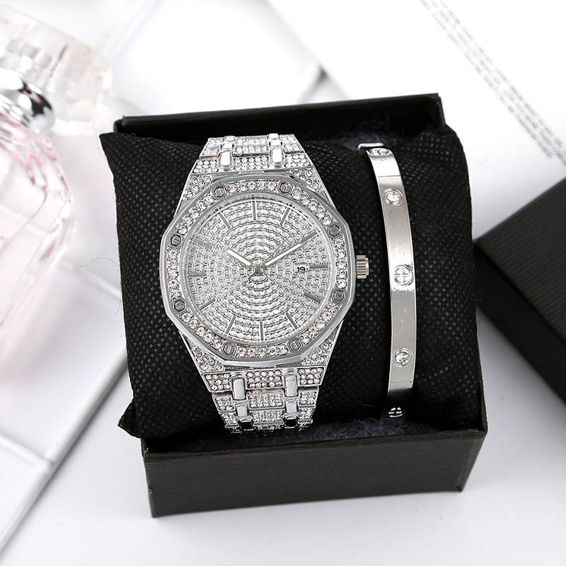 2 Stéck/Set Damen Iwwerwaachung Luxus Rhinestone Quarz Auer Rom Mode Analog Armbanduhr & Armband, Kaddo fir Mamm Hir_voghion.com