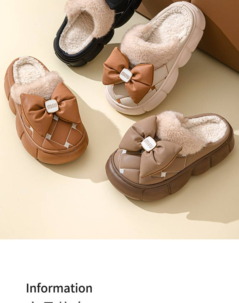 Hochhackige Baumwollpantoffeln für Damen im Winter mit dicker Unterseite, Home-Mode-Pantoffeln mit Schleife, Winter plus Fleece, verdickte warme Freizeitkleidung_voghion.com