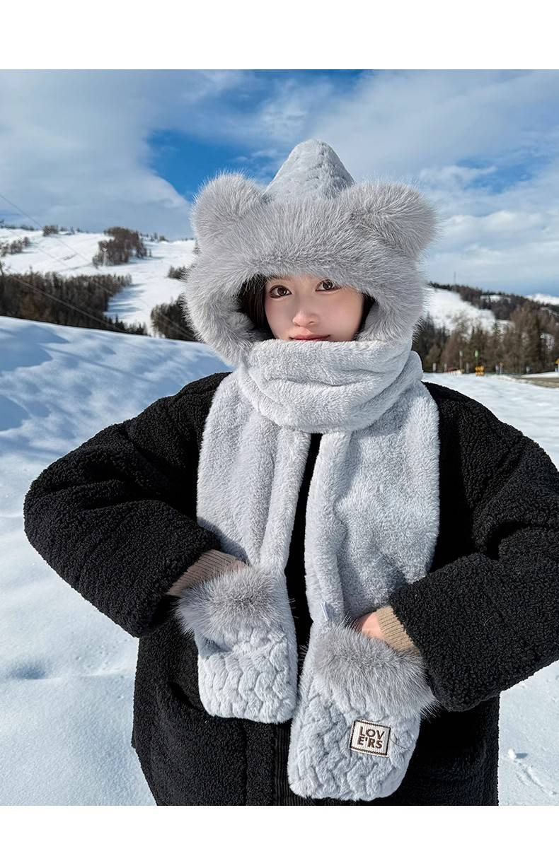 Bärenmütze All-in-One-Winterplüsch für Damen, verdickter warmer Kapuzenschal, Radfahren, kalter dreiteiliger Anzug_voghion.com