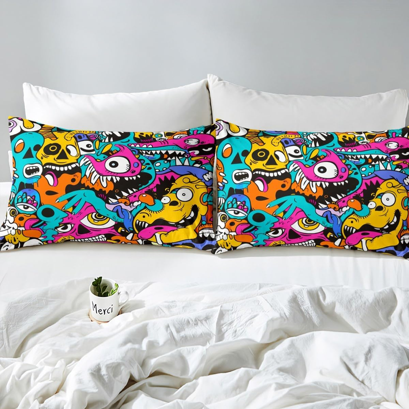 Set di biancheria da letto in stile graffiti per bambini, ragazzi e adolescenti, copripiumino hip hop con graffiti colorati, copripiumino in morbida microfibra con motivo a parete._voghion.com
