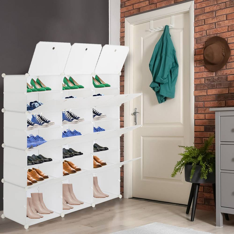 Tragbares Schuhregal mit 7 Ebenen, für 42 Paar Schuhe, 21 Fächer, Turmregal, Aufbewahrungsschrank, Ständer, erweiterbar, für Absätze, Stiefel, Hausschuhe, weiß, platzsparend_voghion.com