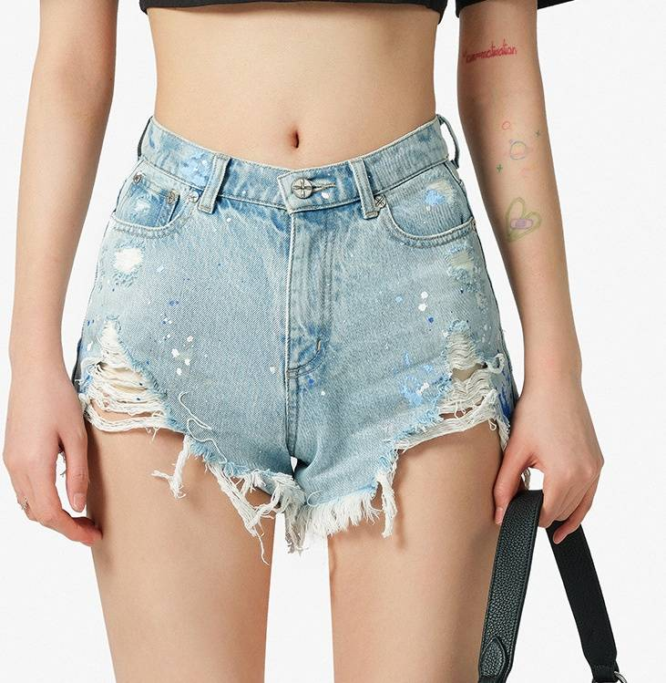 Short en jean taille haute à fleurs croisées peintes à la main, style vintage, en coton vieilli, pour femme, streetwear, mode_voghion.com