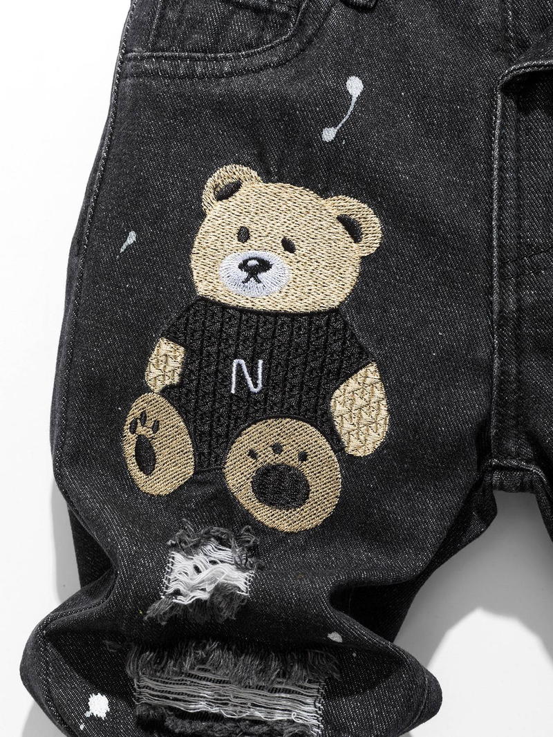 Vaqueros con oso bordado para niño - Pantalones vaqueros negros vintage | Corte holgado con patchwork (3-8 años)_voghion.com