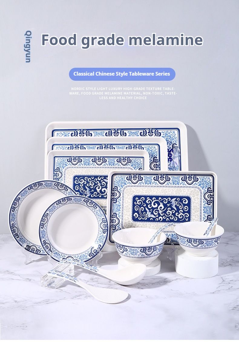 Melamine Dinnerware Set – 24-Piece Chinese-Style Restaurant Tableware (Rice Bowls, Noodle Bowls, Plates & Trays) – Durable & Stackable_voghion.com