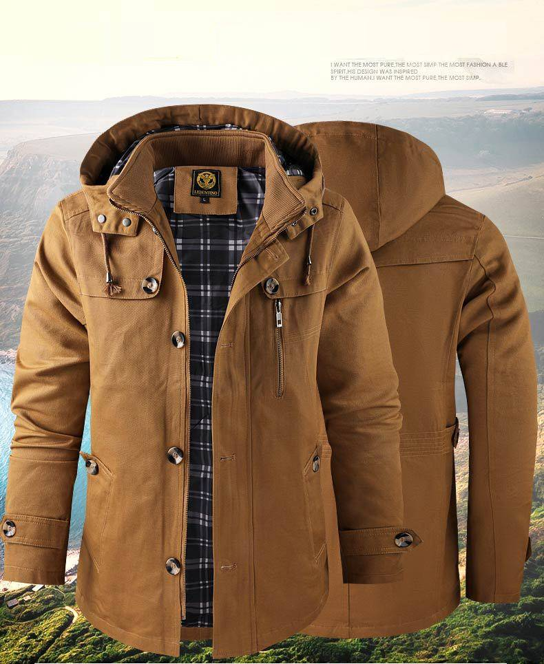 Men's Longline Washed Cotton Hooded Jacket - Vintage Workwear Style Windbreaker With Button Details, Slim Fit Casual Coat_voghion.com