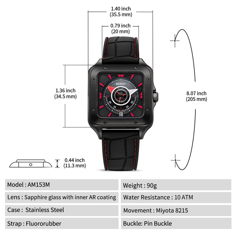 BERNY Automatic Watches For Men Fashion 10ATM Waterpoof Fluororubber Strap Mechanical Square Watch With Date Super Luminous Sapphire Wrist Watch_voghion.com