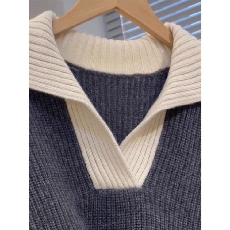 Pull coréen automne-hiver en maille, coupe ample, doux, color block, style décontracté_voghion.com