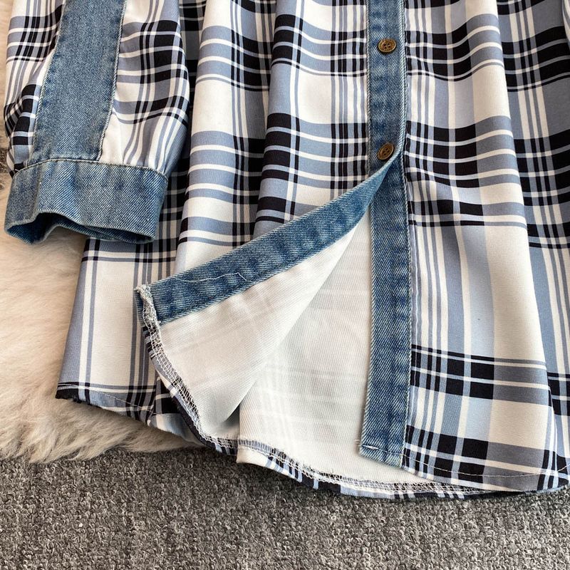 Dametøj denim patchwork ternet skjorte til kvinder stilfuld og aldersreducerende løs afslappet design toppe ny stiltrend_voghion.com