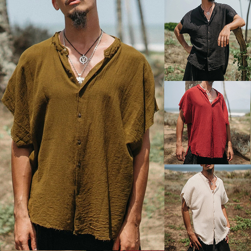 Camicia da uomo in cotone e lino a maniche corte cardigan tinta unita casual T-shirt ampia da uomo_voghion.com