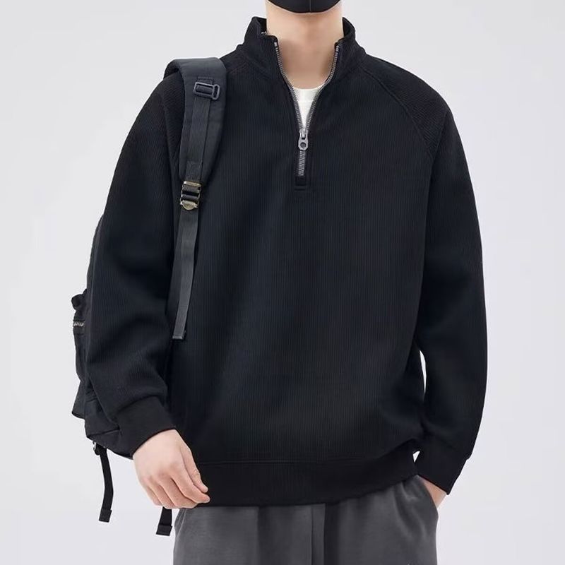 Felpa in pile minimalista con mezza zip - Pullover pesante e testurizzato con collo alto per uomo_voghion.com