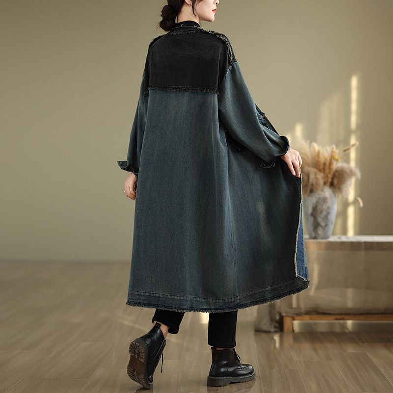 Cowboy Trenchcoat Dam Höst- och vintern Ny koreansk version Kontrastfärgad V-ringad lös överdimensionerad casualjacka_voghion.com