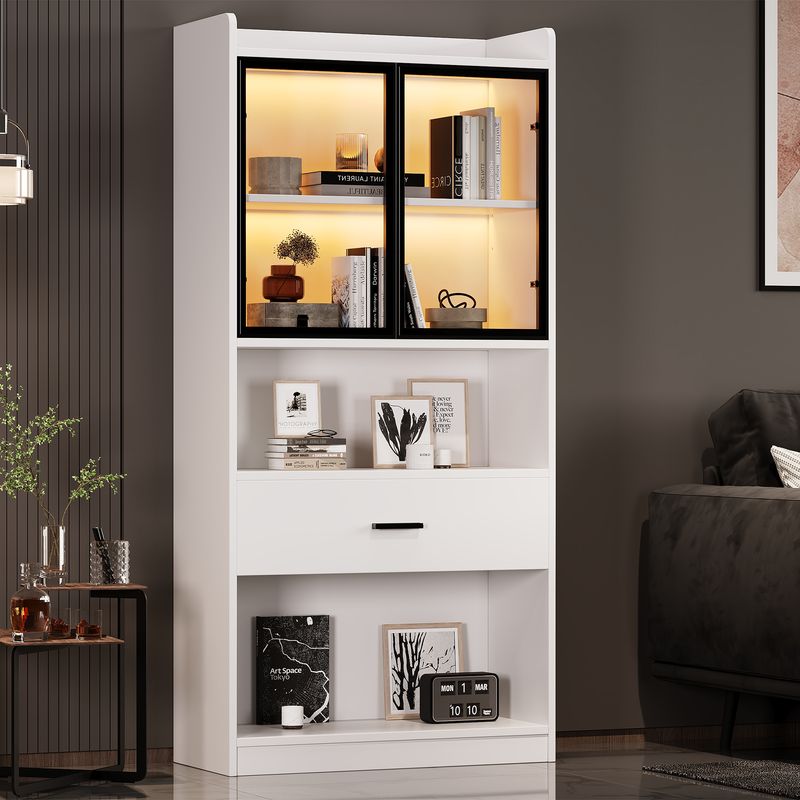 Armoire à curiosités lumineuse, étagères de rangement avec portes vitrées escamotables, grand tiroir et éclairage LED 16 couleurs, vitrine pour objets de collection, bibliothèque de salon, blanche avec cadre noir._voghion.com