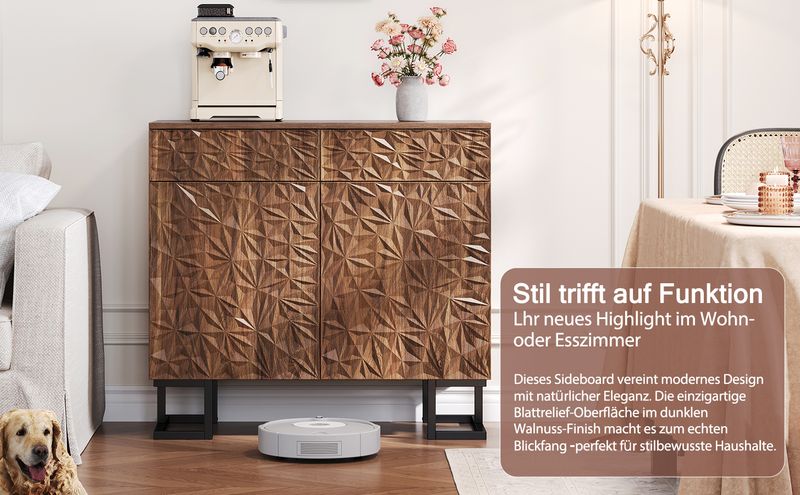 Credenza Kommode 80x78cm Walnussoptik Mit Blattrelief, 2 Schubladen & 2 Türen, Metallbeine_voghion.com