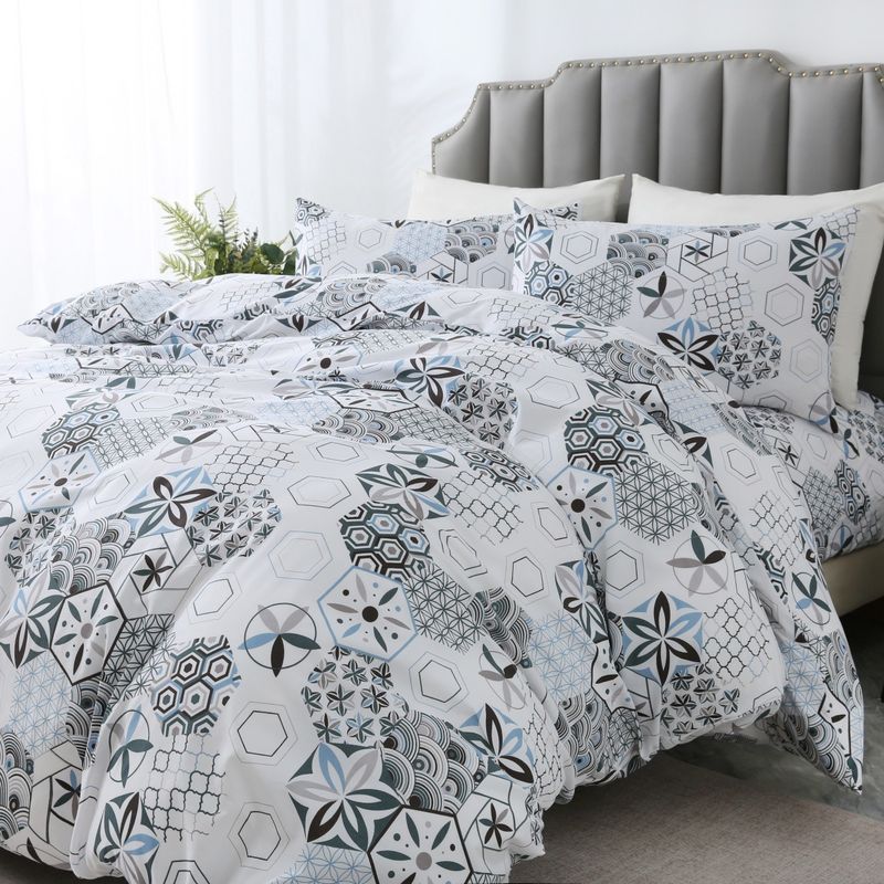 Zachte vezel witte geometrische dekbedovertrek Boheemse driedelige beddengoedset_voghion.com
