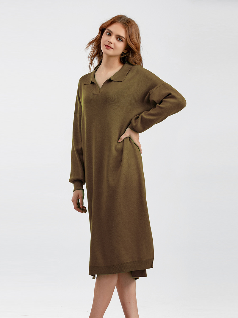 Women's Clothing autumn and winter new Polo collar bottoming knitted dress loose large size solid color ladies dress_voghion.com