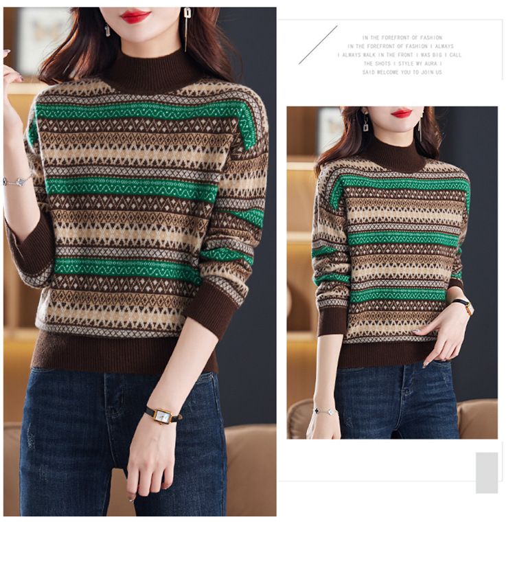 Autumn Winter Striped Knit Sweater Semi-Turtle Neck Retro Jacquard Pullover Casual Chic Tops Fashion Trends_voghion.com