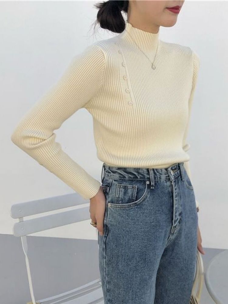 Maglione lavorato a maglia da donna, a maniche lunghe, con bottoni, a collo alto, sottile, per autunno e inverno, morbido e caldo, con fondo alto_voghion.com