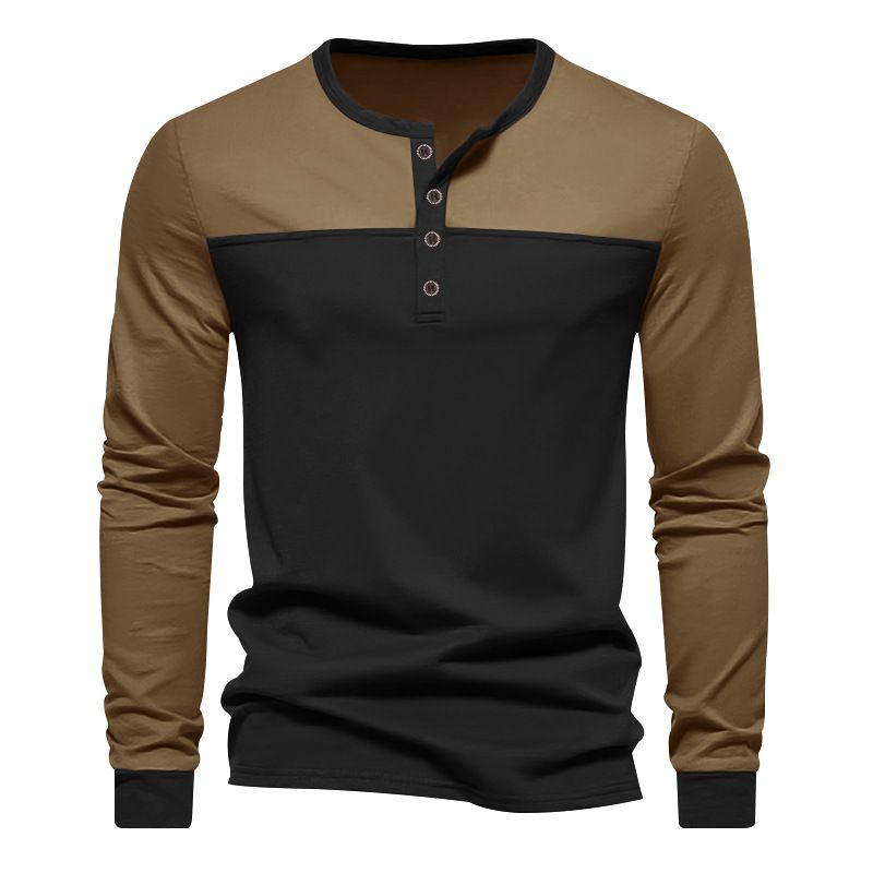 Men's Retro Two-Tone Henley Neck Long Sleeve T-Shirt - Breathable Polyester Blend, Relaxed Fit For Casual & Everyday Wear_voghion.com