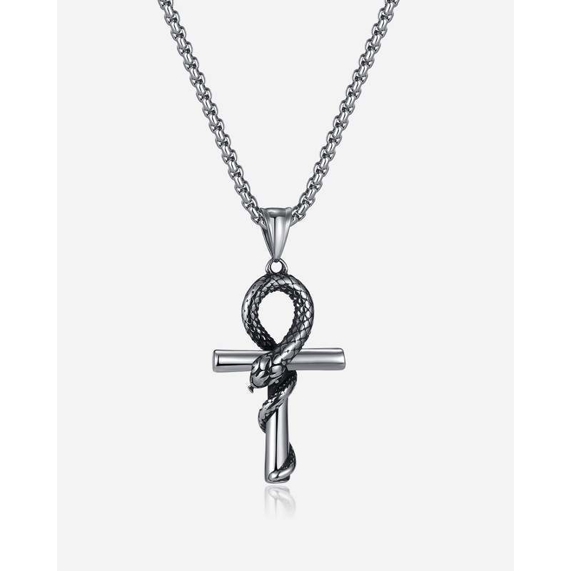 Manba Snake Cross Pendant Trendy Men's Personalized Titanium Steel Necklace_voghion.com