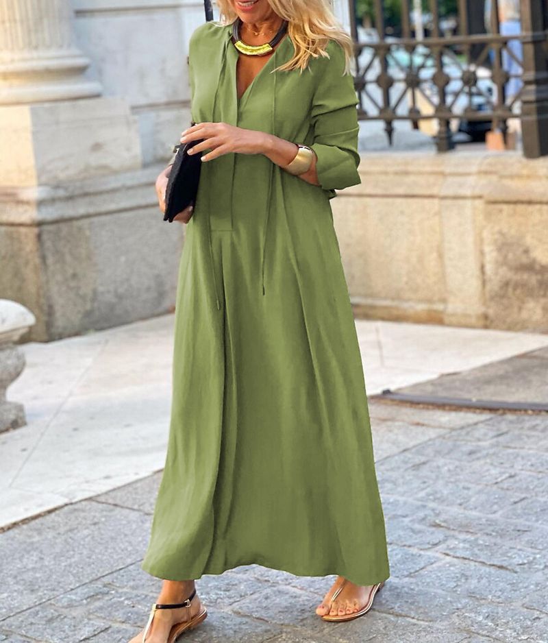2022 Nuovo stile grande swing tinta unita colletto rovesciato manica semplice casual abito camicia lunga_voghion.com