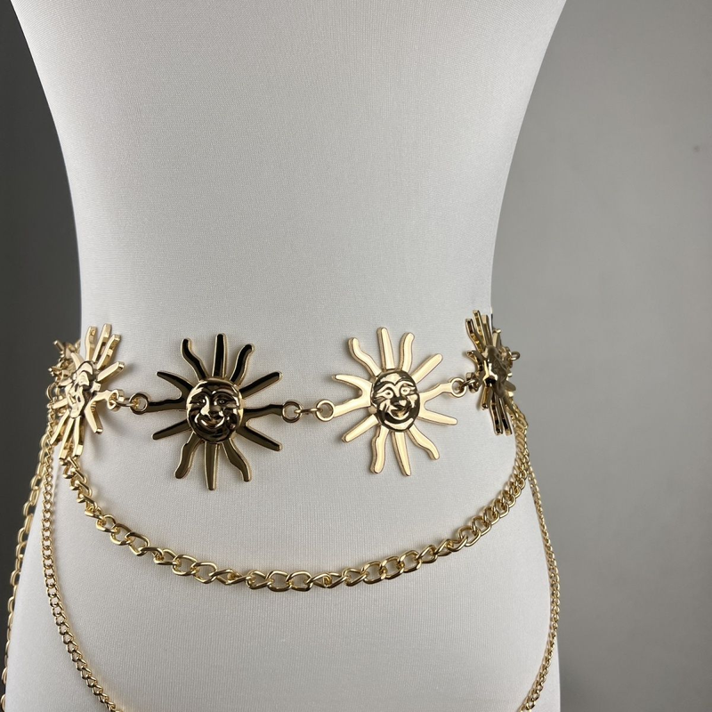 European and American retro palace metal pendant sunflower waist chain multi-layer senior body dress belt accessories_voghion.com