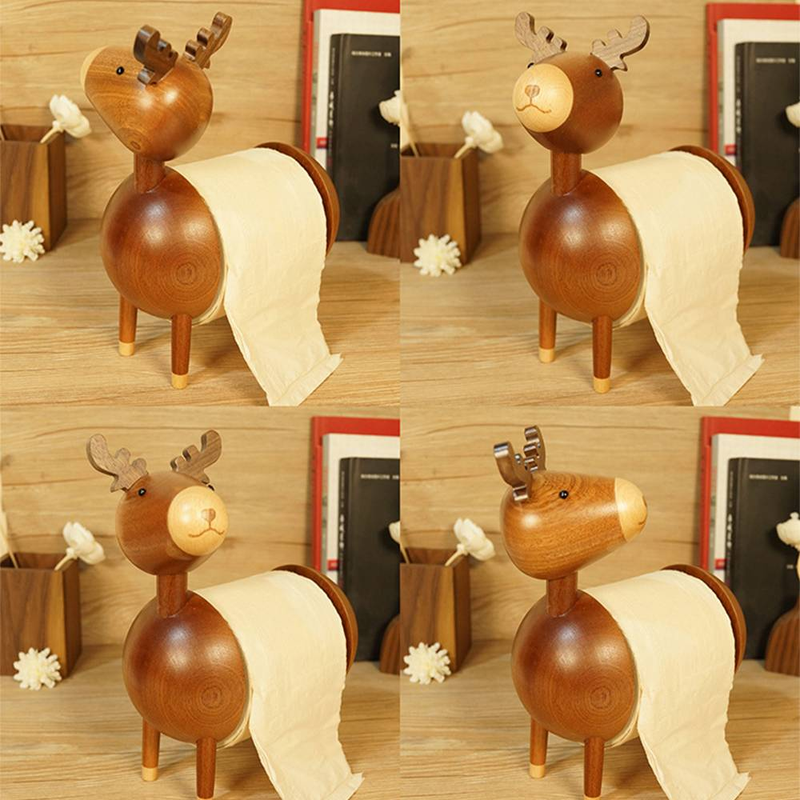 Massivholz-Elch-Taschentuchhalter, 360 ° drehbarer Kopfrollenpapierhalter, Schreibtisch-Wohnzimmer-Küchentaschentuchhalter, Schreibtisch-Ornament_voghion.com