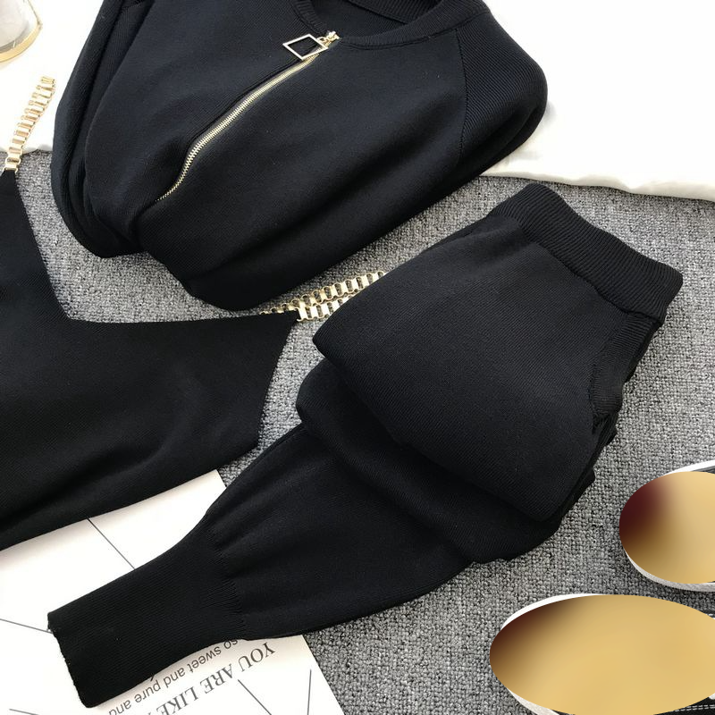 Damen Strickanzug Weste, Jacke, Elastische Hose, Modischer Dreiteiler_voghion.com