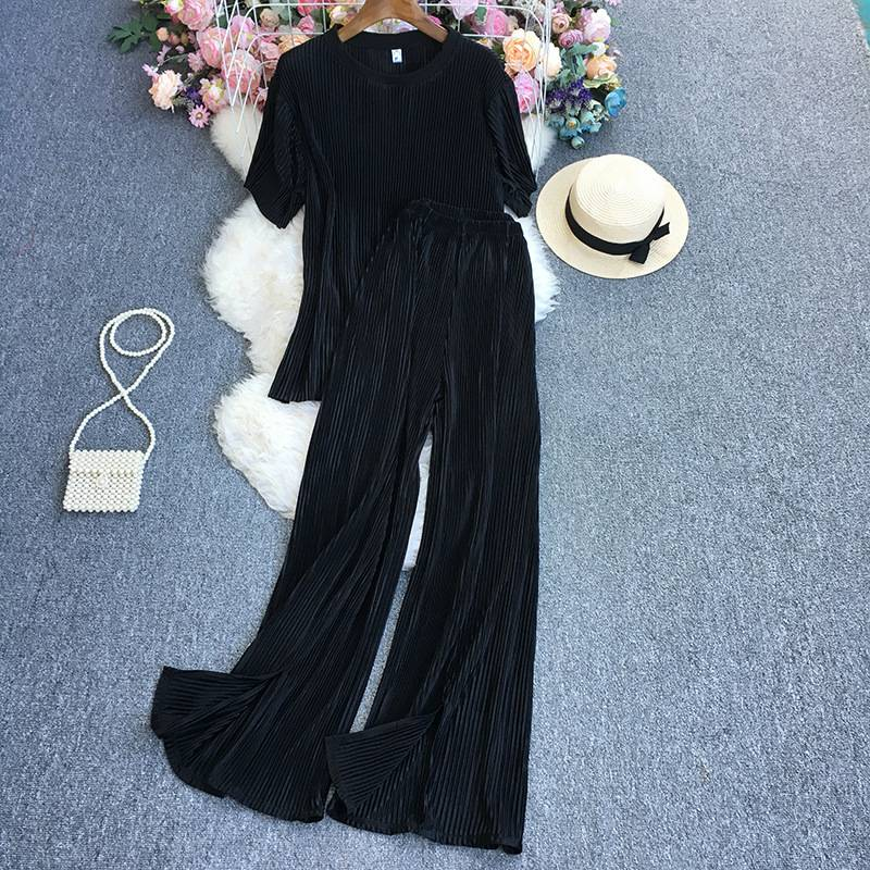 Women's Fashion Clean Color Shirt Two-piece Set Of High Waist Vertical Vertical Wide Leg Pants_voghion.com