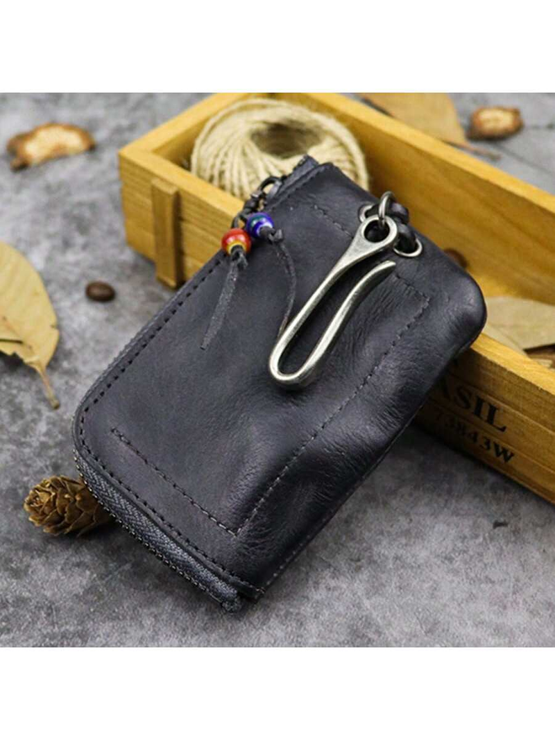 Borsa portachiavi in pelle conciata al vegetale di primo strato, realizzata a mano, in pelle di mucca lavata ad acqua vintage, in stile retrò, con cerniera_voghion.com