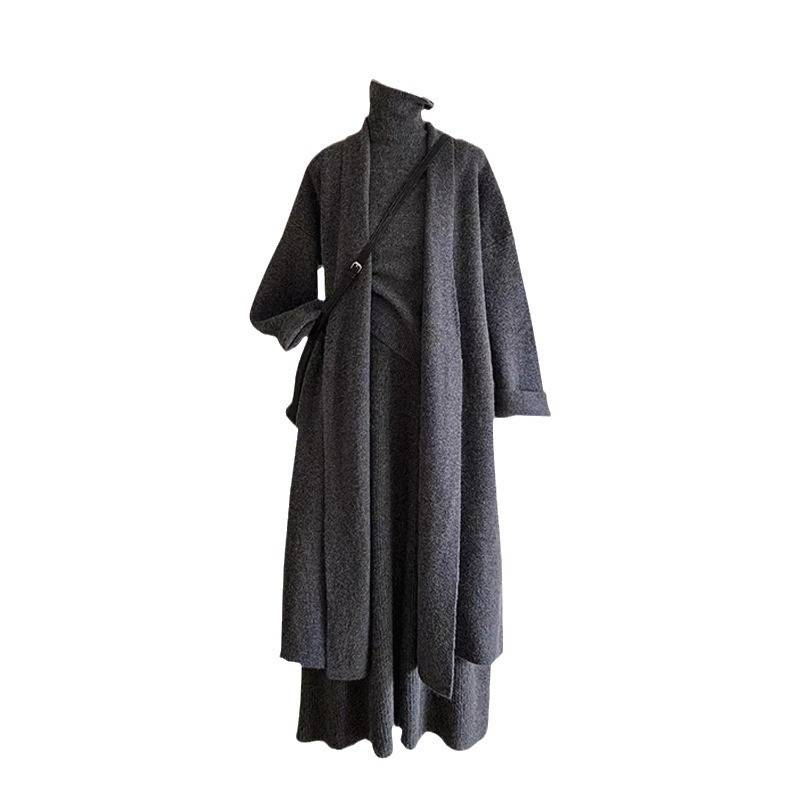 Ensemble tricot sans effort : cardigan oversize et robe longue (silhouette cocon d'automne en camel/noir/cendre)_voghion.com