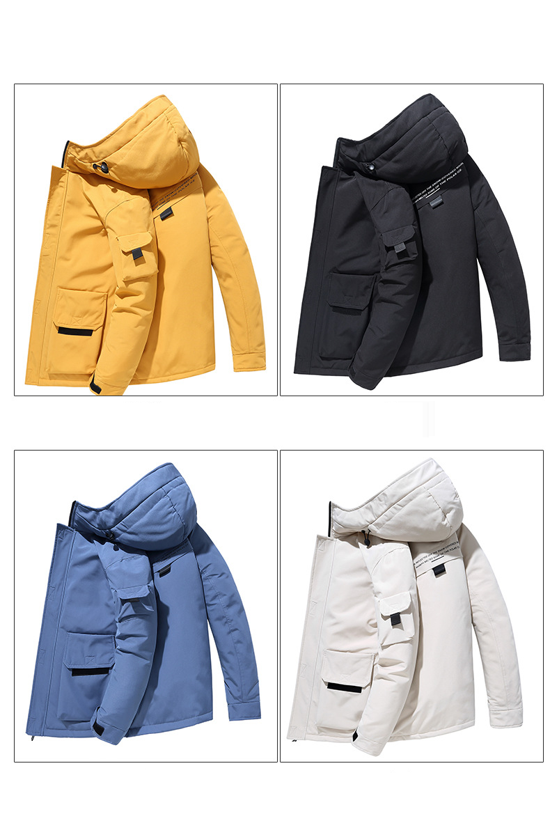 Men's Clothing Workwear Down Jacket Winter Short Puffer Coat With Hood, Fill Power Duck Water-Resistant Polyester Slim Fit For Daily Wear (Black)_voghion.com