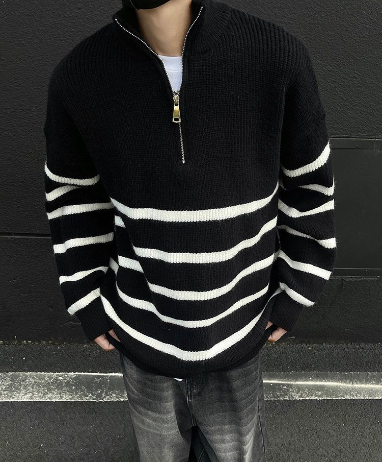Herrenbekleidung Herren-Pullover mit halbem Reißverschluss und Streifen – Strickpullover mit Stehkragen (Paar-Stil, entspannte Passform)_voghion.com