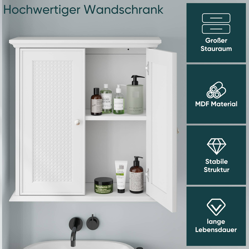 Wandmontierter Badschrank mit Korbtüren, Medizinschrank mit verstellbaren Regalen, Weiß_voghion.com