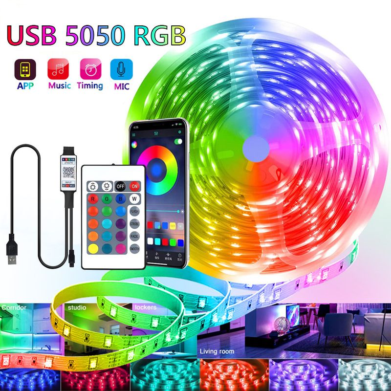 5V USB RGB LED Strip Lights 5050 SMD - Bluetooth & IR Remote, 16 Million Colors, Self-Adhesive Flexible Light For TV Backlight, Gaming Setup_voghion.com