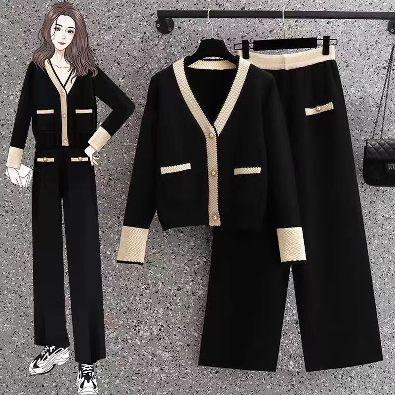Büyük Beden Renk Bloklu Örgü Kazak ve Geniş Paça Pantolon Takımı - Kadınlar İçin Trend Günlük Kıyafetler Moda Trendleri_voghion.com