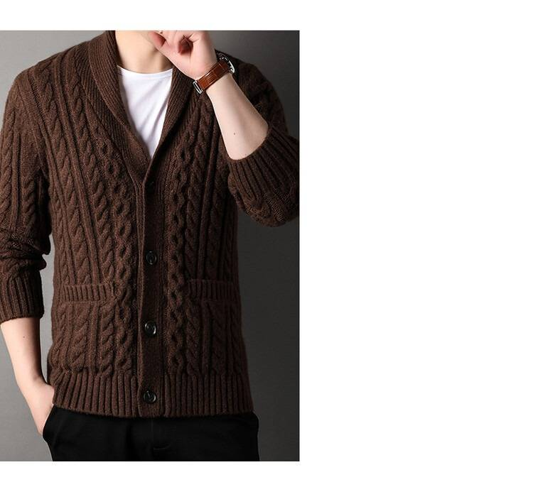 Cardigan in maglia a trecce da uomo – Maglione pullover testurizzato con tasche (cachi/marrone/grigio/caramello, M-3XL)_voghion.com
