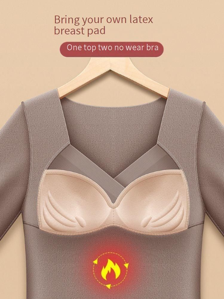 Thermal Underwear For Women With Built-in Bra - Fleece Lined, Seamless, V-Neck, Slim Fit, Long Sleeve Winter Base Layer_voghion.com